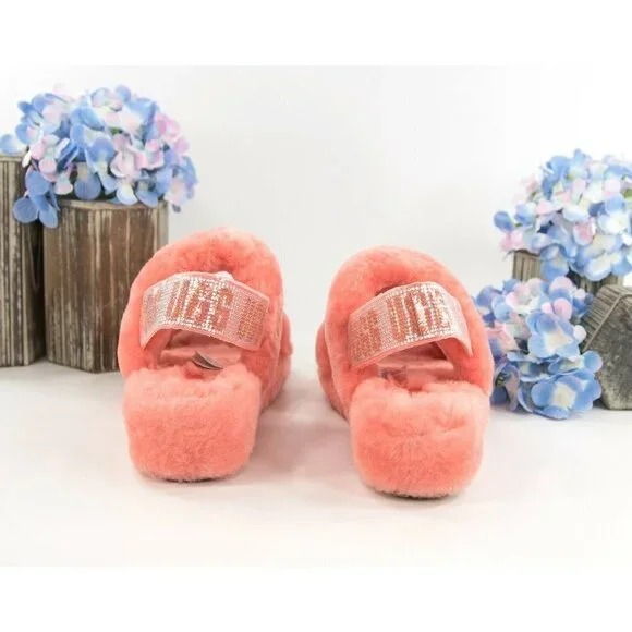 UGG Fluff Oh Yea Coral Bling Sheepskin Fur Slippers Slides Sandals Sz 6 NIB - Picture 5 of 9